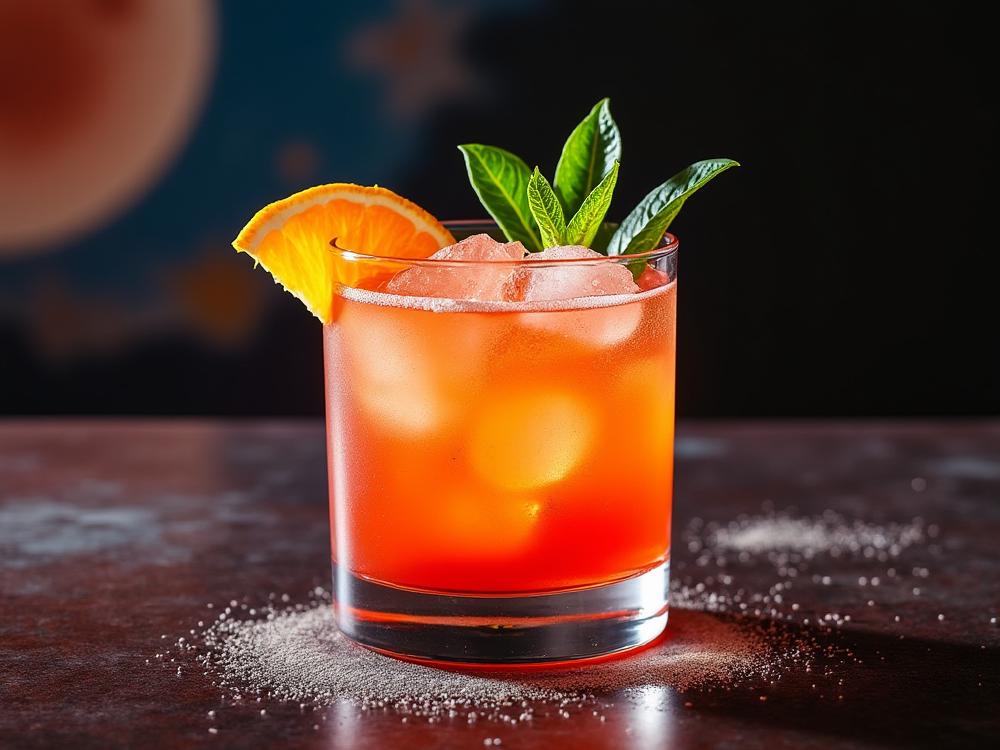 The Blood Moon Cocktail (cocktail, sour, bourbon) - Blood Moon is a contemporary twist on the classic Whiskey Sour family.  While its origins are modern, it draws inspiration from the sour's citrus-forward profile, employing blood orange cordial and lemon juice, while adding a touch of complexity with bourbon, aromatic bitters, and peach bitters. 