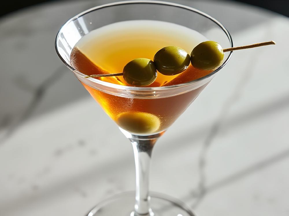 The Dirty Martini Cocktail (cocktail, martini, vodka) - The Dirty Martini belongs to the Martini family, a sophisticated and iconic cocktail group.  Originating in the late 19th century, the Dirty Martini adds a salty, briny edge to the classic Martini with olive brine, a twist that gained popularity in the mid-20th century. 