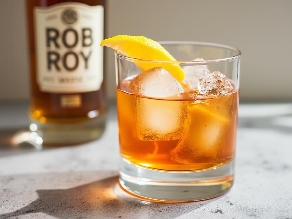 The Dry Rob Roy Cocktail (cocktail, spirit-forward, whiskey) - The Dry Rob Roy belongs to the Manhattan family, a classic cocktail style featuring whiskey, vermouth, and bitters. This variation, believed to have originated in the early 20th century, swaps the traditional sweet vermouth for dry vermouth and adds a citrus twist for a lighter, more refreshing profile. 