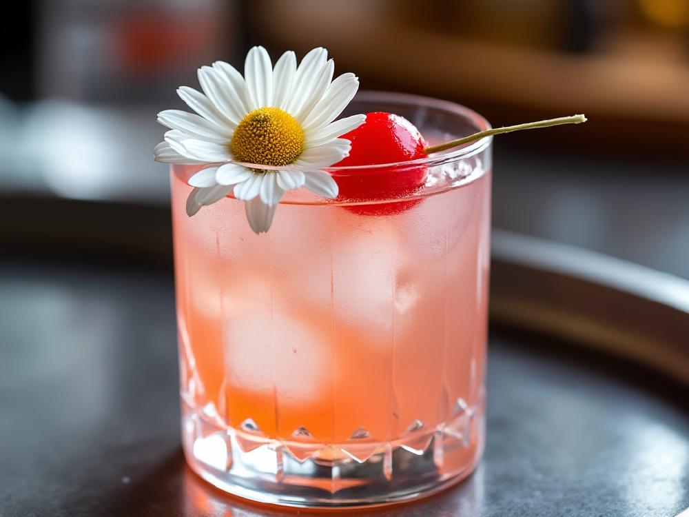 The Gin Daisy Cocktail (cocktail, sour, gin) - The Gin Daisy is a classic sour cocktail, a family known for its tart, refreshing profile.  It likely emerged in the late 19th century, a twist on the classic Daisy, using gin instead of whiskey. The sweetness of grenadine and maraschino cherry add a playful touch. 