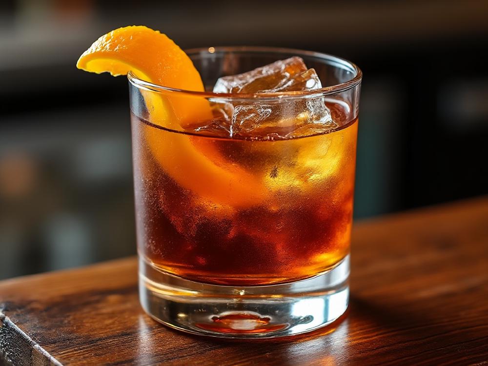 The Pop Quiz Cocktail (cocktail, spirit-forward, bourbon) - This cocktail belongs to the **Old Fashioned family**, with roots in the 19th century.  The use of gum syrup, bourbon, and bitters harkens back to the classic Old Fashioned, while the Amaro adds a modern twist, referencing the emerging popularity of Italian liqueurs. 