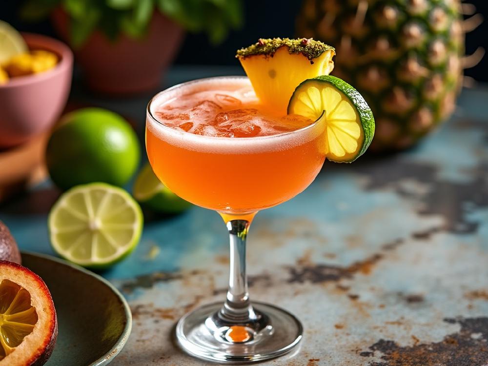 The Privateer Cocktail (cocktail, margarita, tequila) - The Privateer is a vibrant tropical cocktail belonging to the Sour family. Its origins likely stem from the fusion of Latin American and Caribbean influences, with the tequila and passionfruit paying homage to Mexico and the pineapple and lime reflecting the Caribbean's bounty. 