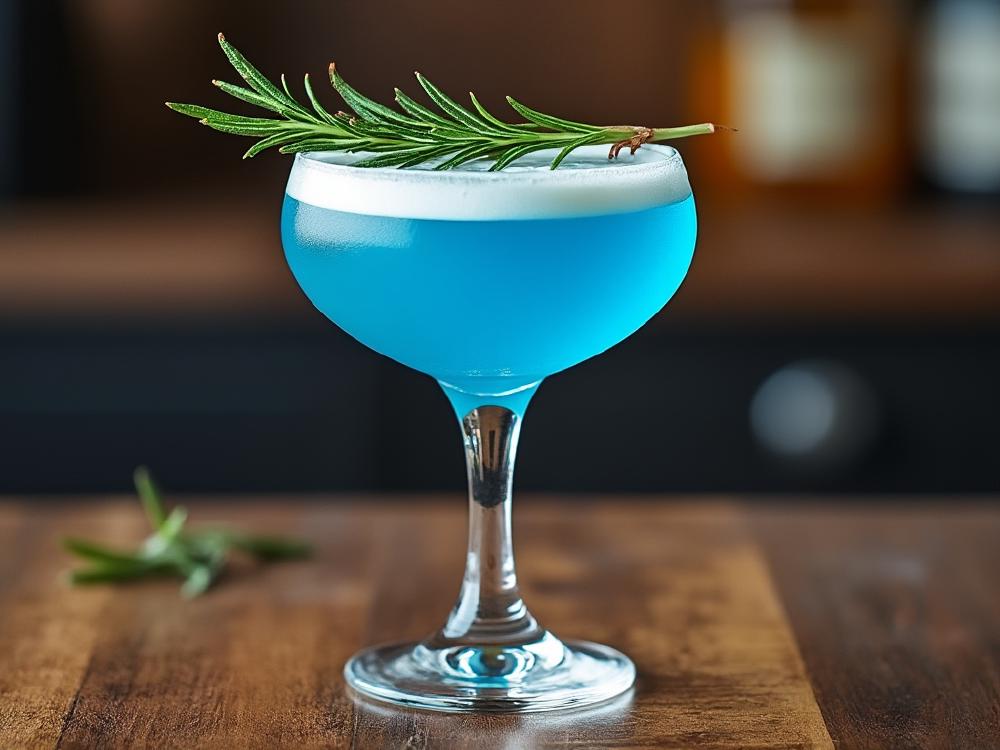 The Rosemary Blue Cocktail (cocktail, highball, gin) - The Rosemary Blue belongs to the Highball family, a refreshing group of long drinks typically featuring a spirit, a mixer, and often a garnish. This contemporary twist on the classic Gin & Tonic incorporates the herbaceous notes of rosemary, bringing a modern touch to a timeless favorite. 